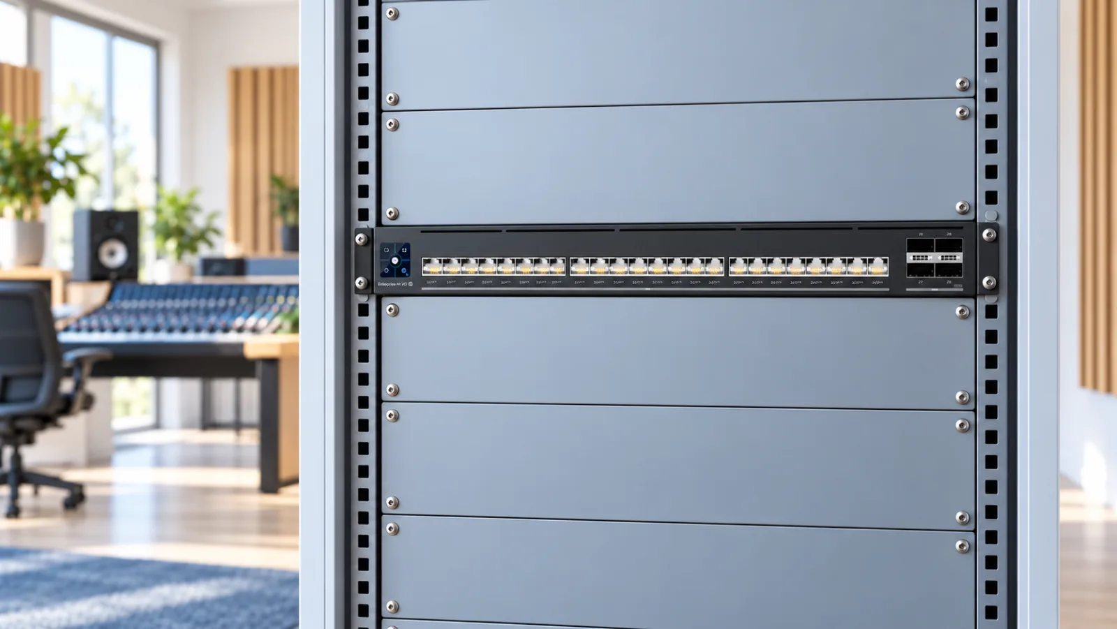 Switch Enterprise Audio/Video XG 24 PoE i en ljus miljö (illustration)