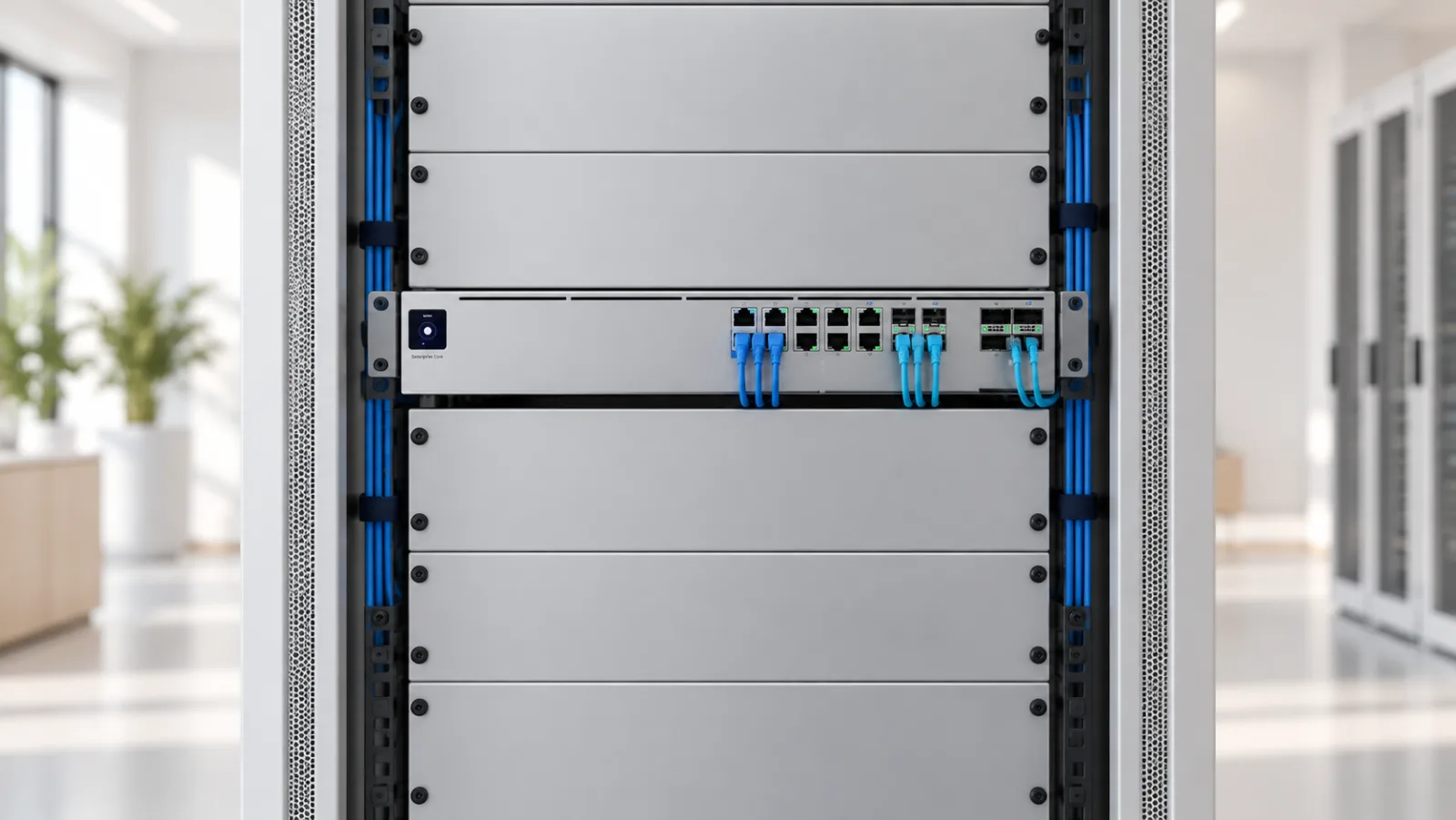 Enterprise Firewall Core i ett 19-tumsrack i ett ljust datarum (illustration)