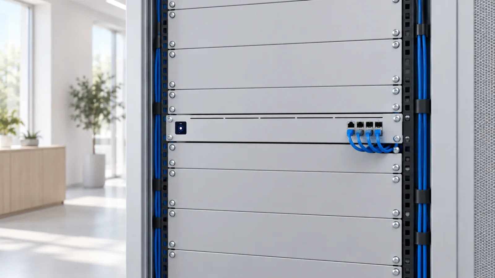 Enterprise Firewall i ett 19-tumsrack i ett ljust datarum (illustration)