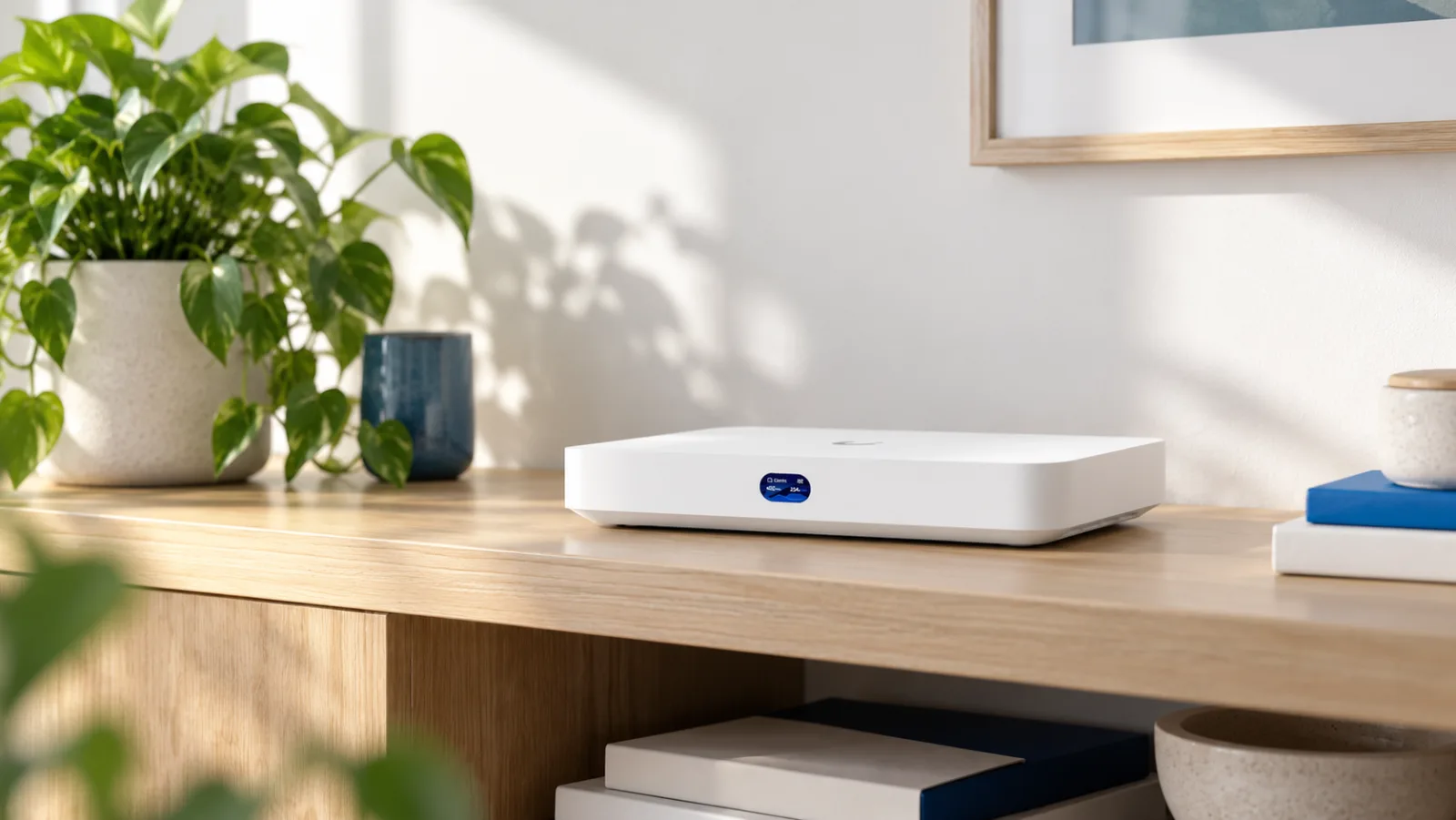 Cloud Gateway Fiber på en hylla i ljus ek i ett ljust hem (illustration)