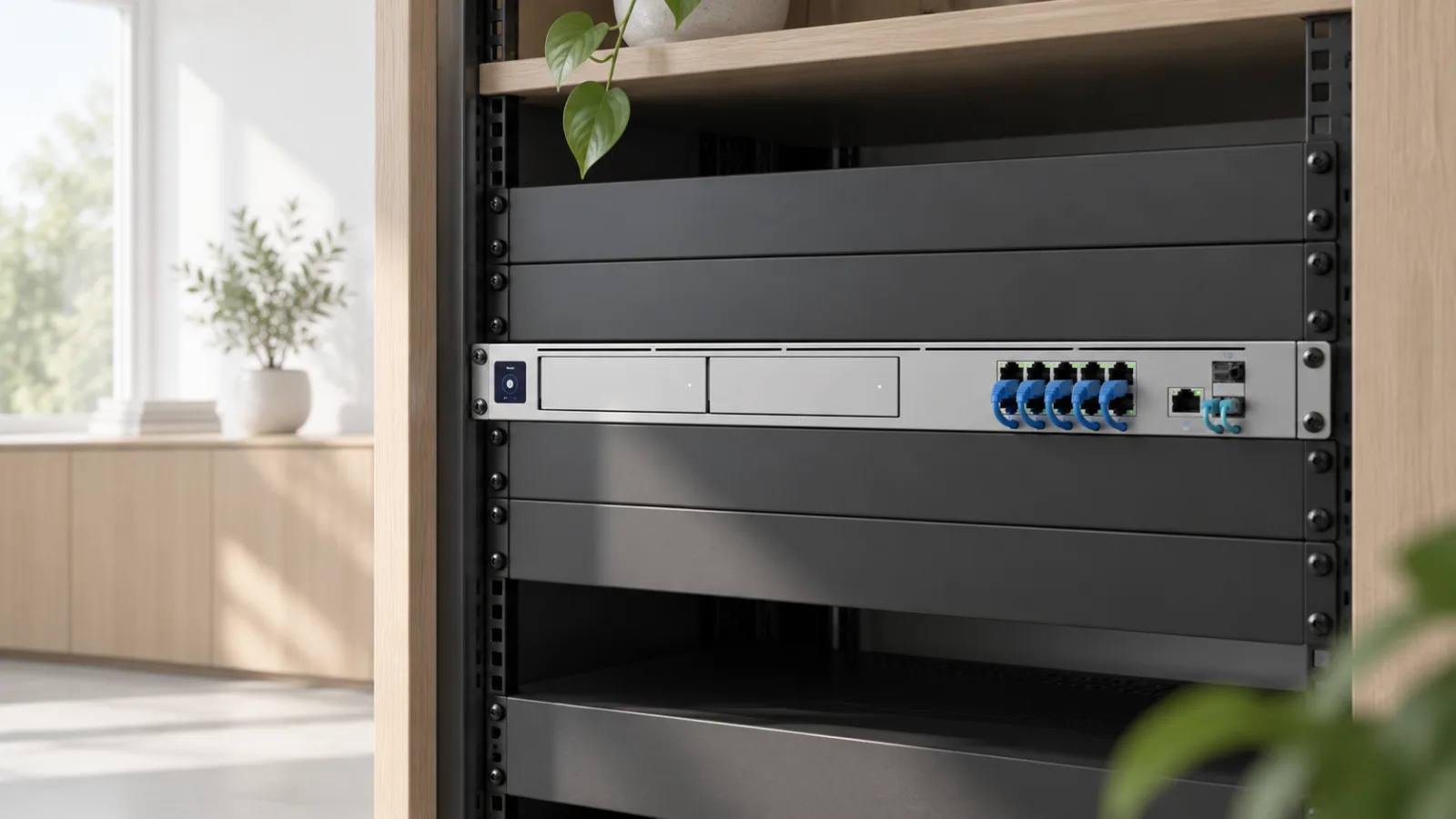Dream Machine Pro Max i ett 19-tumsrack på ett kontor (illustration)