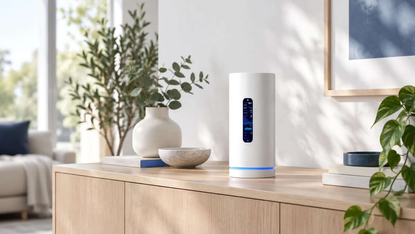 Dream Router 5G Max på en sideboard i ljus ek i ett ljust vardagsrum (illustration)