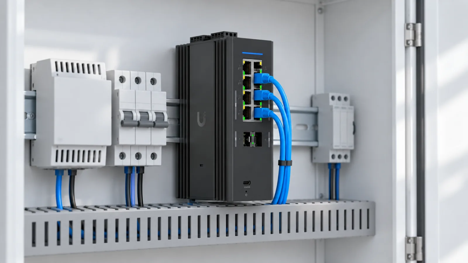 Switch Industrial DIN 2.5G 8 PoE in a bright setting (illustration)