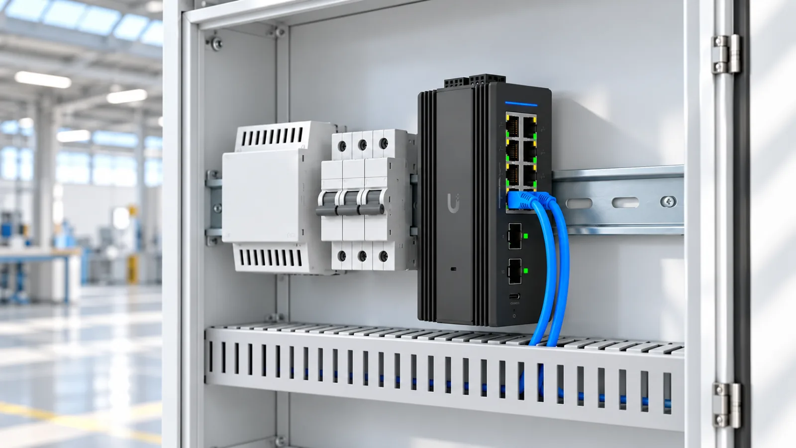 Switch Industrial DIN 8 PoE in a bright setting (illustration)