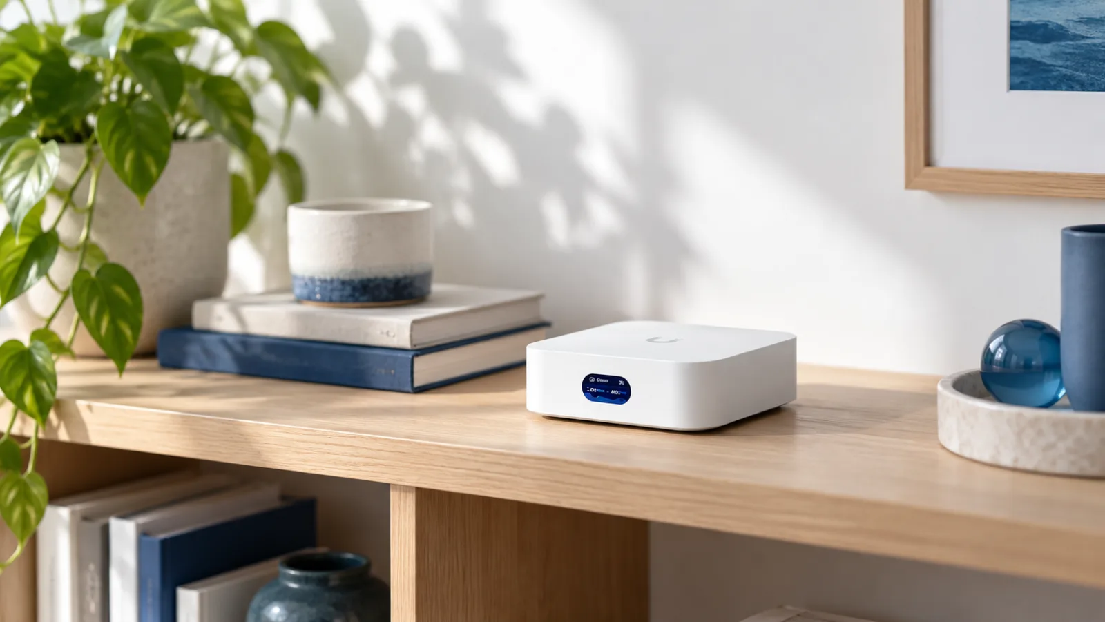 UniFi Express 7 på en bokhylla i ljus ek i ett ljust vardagsrum (illustration)